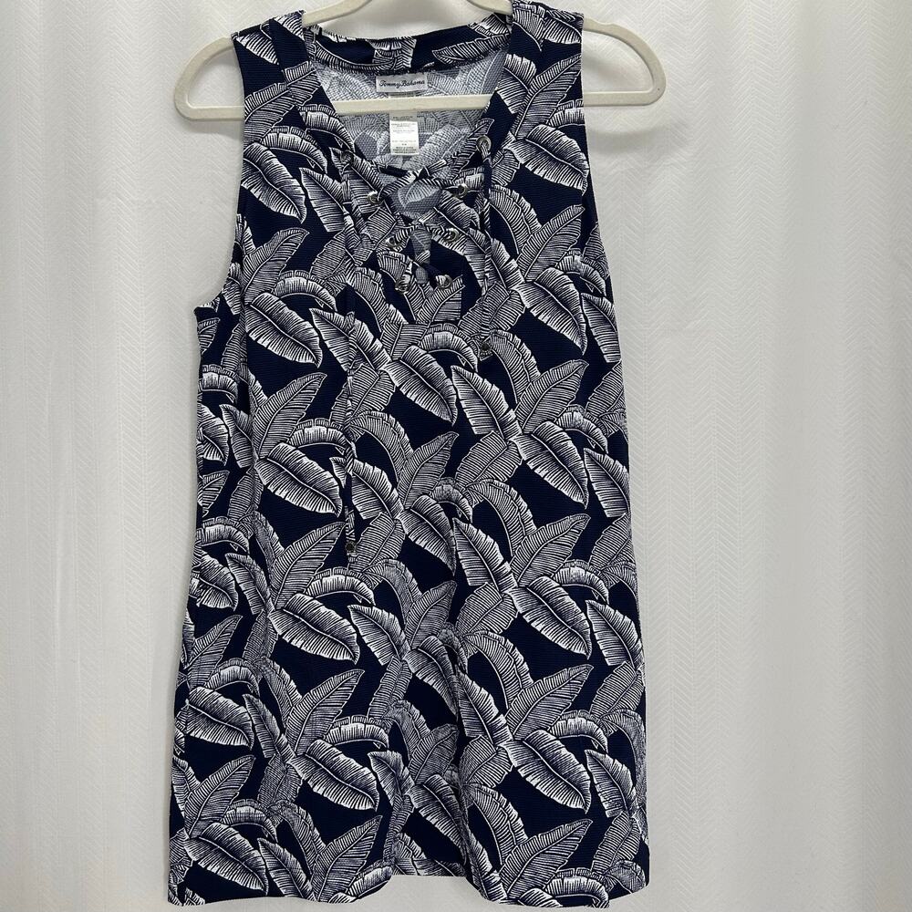 Tommy Bahama navy blue shift dress tropical leaf print sleeveless resort vacay